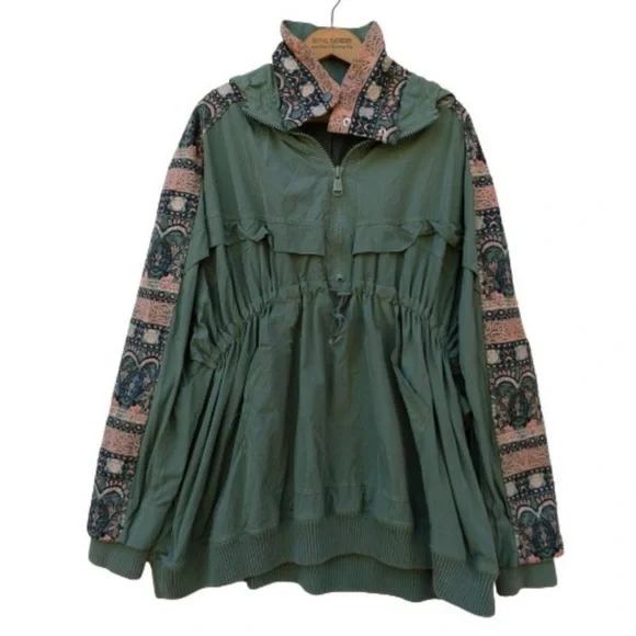 Free People Movement She Fly Jacket Size M Hooded Embroidered Green Oversized